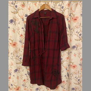 Maroon Flannel Button-Down Shirt Dress
